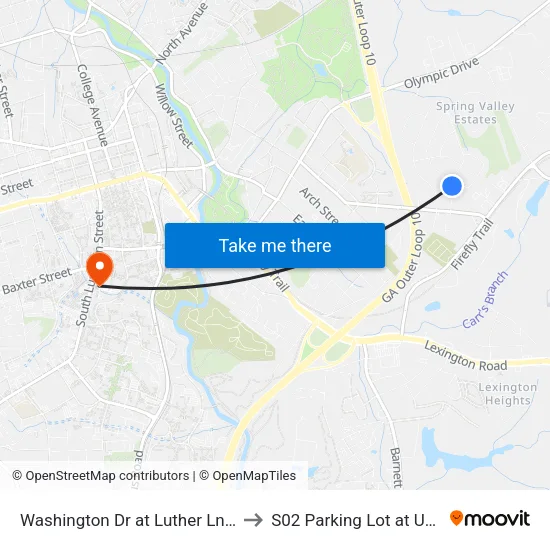 Washington Dr at Luther Ln Ib to S02 Parking Lot at UGA map