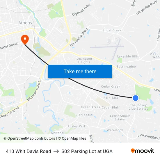 410 Whit Davis Road to S02 Parking Lot at UGA map