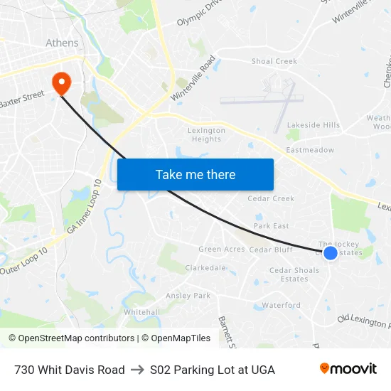 730 Whit Davis Road to S02 Parking Lot at UGA map
