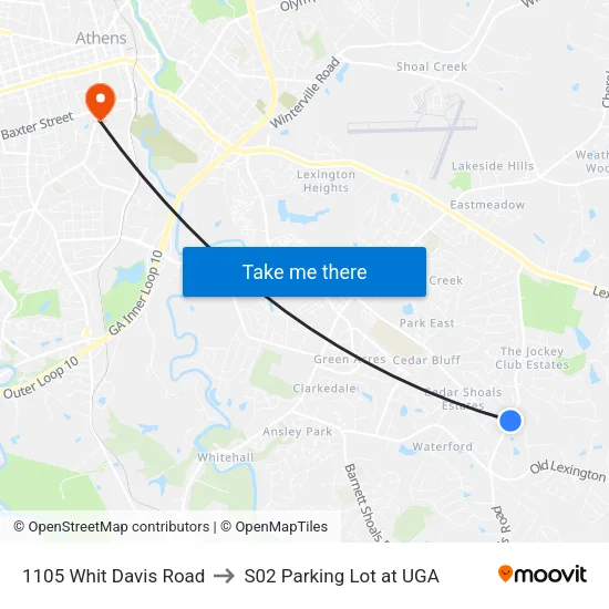 1105 Whit Davis Road to S02 Parking Lot at UGA map