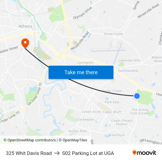 325 Whit Davis Road to S02 Parking Lot at UGA map