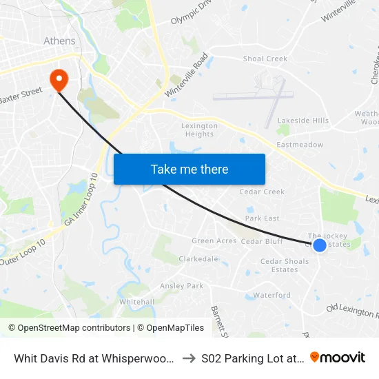 Whit Davis Rd at Whisperwood Ln Ob to S02 Parking Lot at UGA map