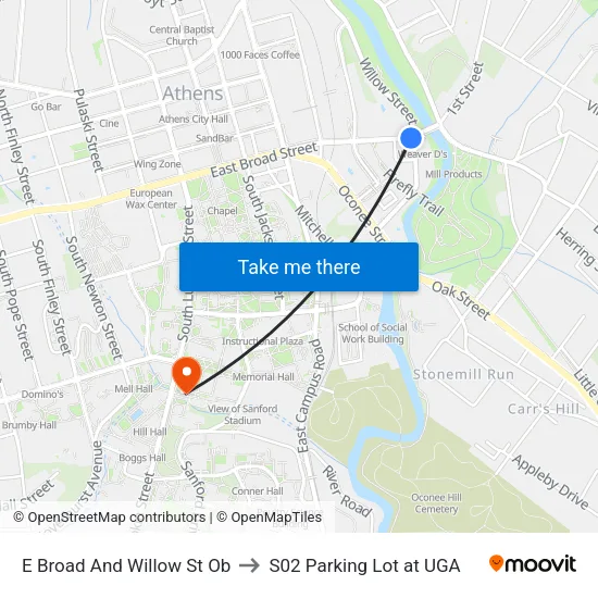 E Broad And Willow St Ob to S02 Parking Lot at UGA map