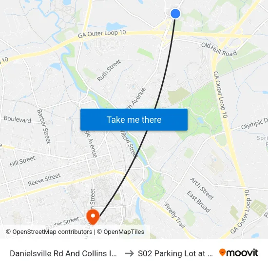 Danielsville Rd And Collins Ind Ob to S02 Parking Lot at UGA map