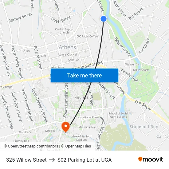 325 Willow Street to S02 Parking Lot at UGA map