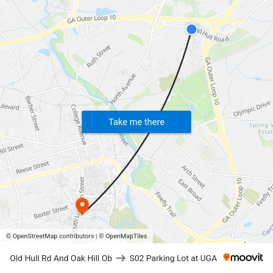 Old Hull Rd And Oak Hill Ob to S02 Parking Lot at UGA map