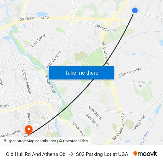 Old Hull Rd And Athena Ob to S02 Parking Lot at UGA map