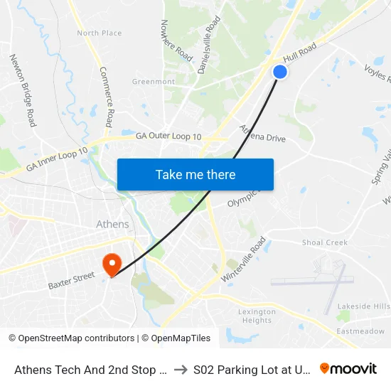 Athens Tech And 2nd Stop Ob to S02 Parking Lot at UGA map