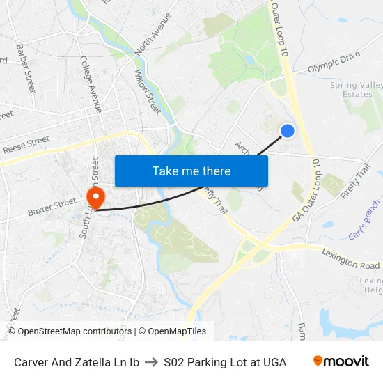 Carver And Zatella Ln Ib to S02 Parking Lot at UGA map