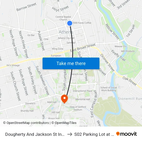Dougherty And Jackson St Inbound to S02 Parking Lot at UGA map