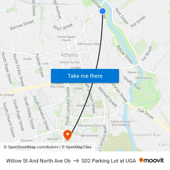 Willow St And North Ave Ob to S02 Parking Lot at UGA map