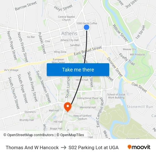 Thomas And W Hancock to S02 Parking Lot at UGA map