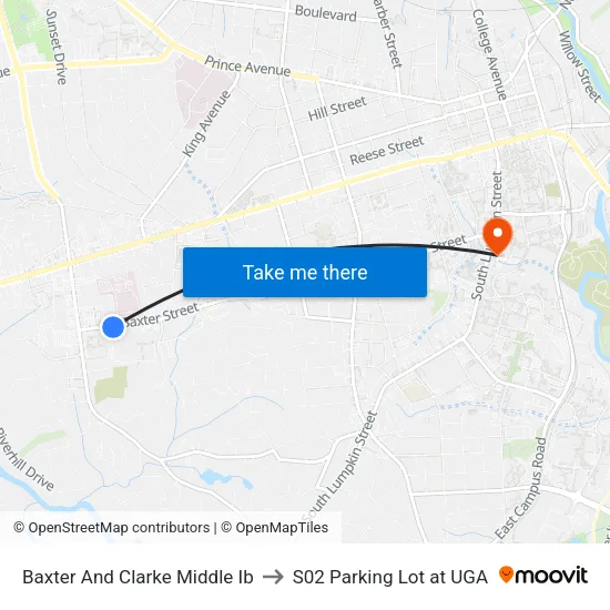 Baxter And Clarke Middle Ib to S02 Parking Lot at UGA map
