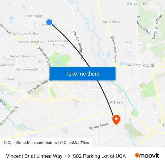 Vincent Dr at Linnea Way to S02 Parking Lot at UGA map