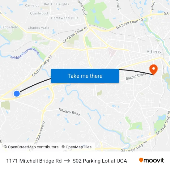 1171 Mitchell Bridge Rd to S02 Parking Lot at UGA map