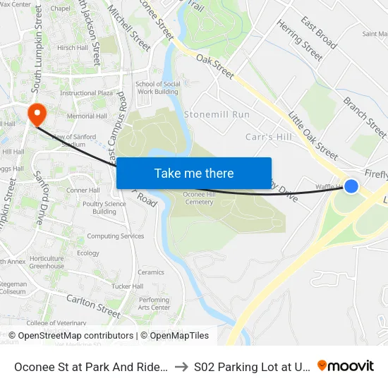 Oconee St at Park And Ride Ob to S02 Parking Lot at UGA map