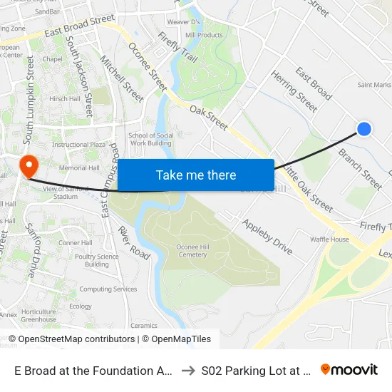 E Broad at the Foundation Apt Ob to S02 Parking Lot at UGA map