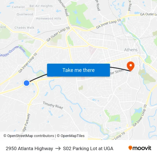 2950 Atlanta Highway to S02 Parking Lot at UGA map