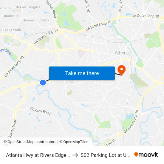 Atlanta Hwy at Rivers Edge Ib to S02 Parking Lot at UGA map
