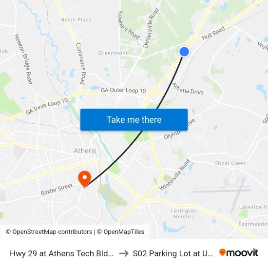 Hwy 29 at Athens Tech Bldg P to S02 Parking Lot at UGA map
