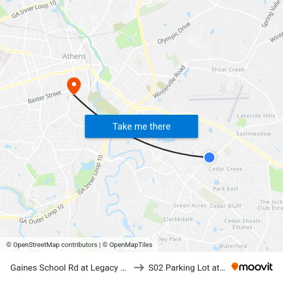 Gaines School Rd at Legacy Apts Ib to S02 Parking Lot at UGA map
