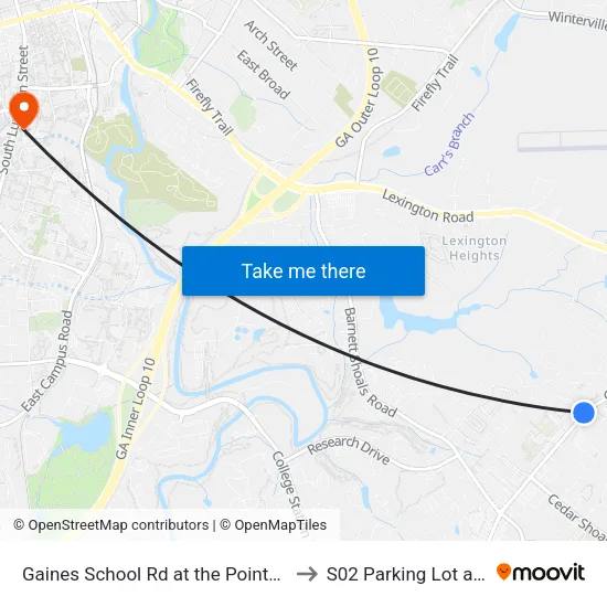Gaines School Rd at the Pointe Apts Ib to S02 Parking Lot at UGA map