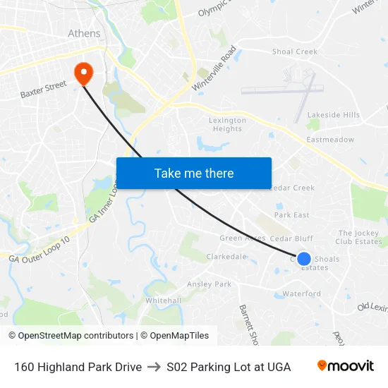 160 Highland Park Drive to S02 Parking Lot at UGA map