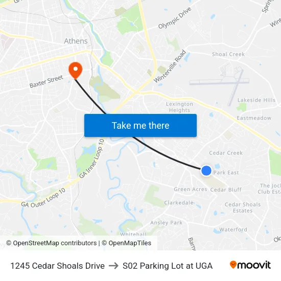 1245 Cedar Shoals Drive to S02 Parking Lot at UGA map