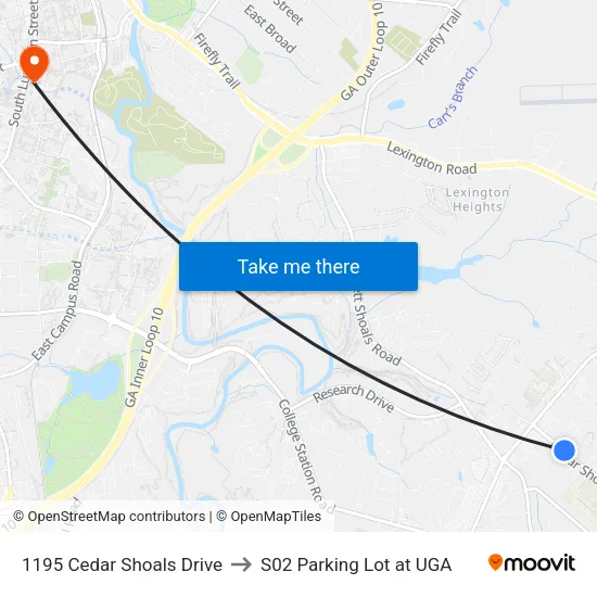 1195 Cedar Shoals Drive to S02 Parking Lot at UGA map