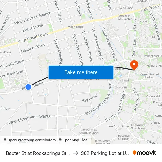 Baxter St at Rocksprings St Ob to S02 Parking Lot at UGA map
