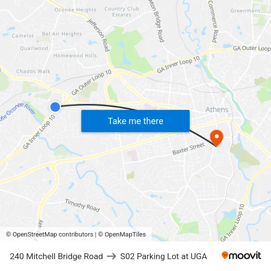 240 Mitchell Bridge Road to S02 Parking Lot at UGA map