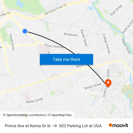 Prince Ave at Kenny Dr Ib to S02 Parking Lot at UGA map