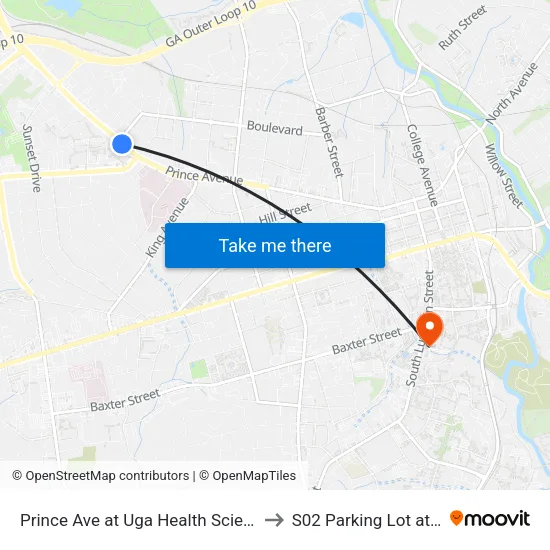 Prince Ave at Uga Health Sciences Ib to S02 Parking Lot at UGA map