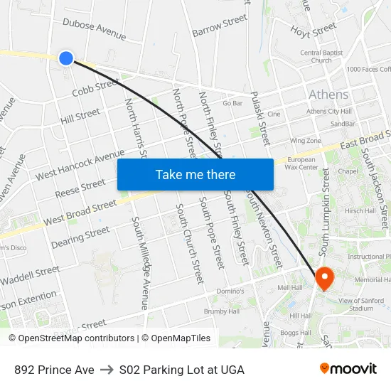 892 Prince Ave to S02 Parking Lot at UGA map