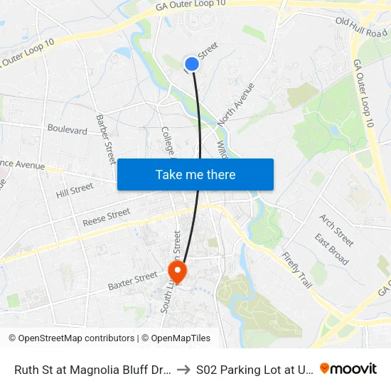Ruth St at Magnolia Bluff Dr Ob to S02 Parking Lot at UGA map