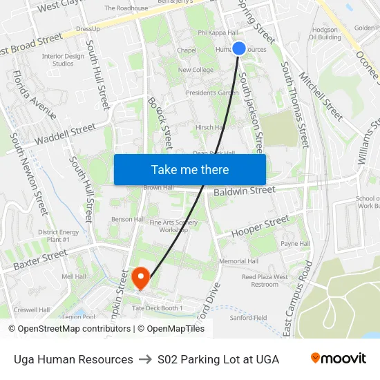 Uga Human Resources to S02 Parking Lot at UGA map
