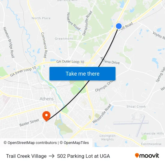 Trail Creek Village to S02 Parking Lot at UGA map