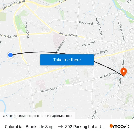 Columbia - Brookside Stop 3 to S02 Parking Lot at UGA map