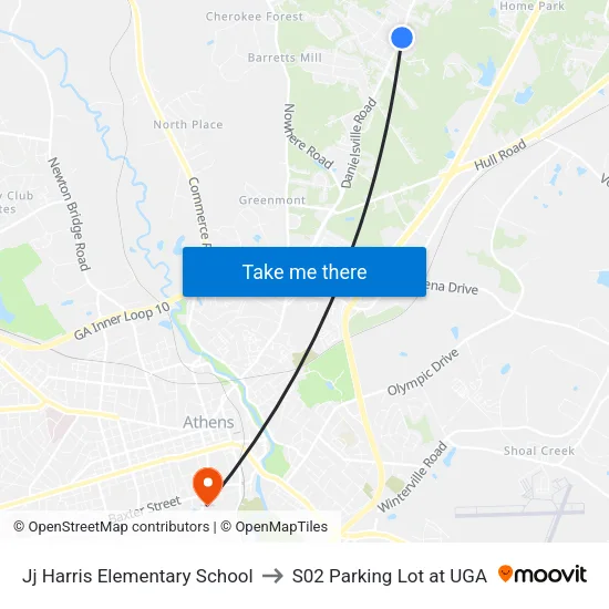 Jj Harris Elementary School to S02 Parking Lot at UGA map