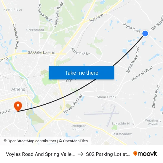 Voyles Road And Spring Valley Road to S02 Parking Lot at UGA map