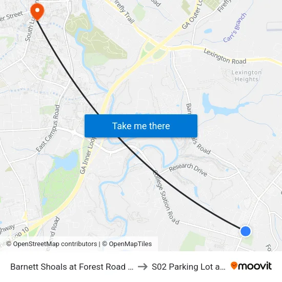 Barnett Shoals at Forest Road Inbound to S02 Parking Lot at UGA map