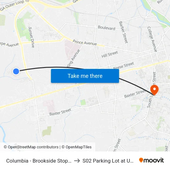 Columbia - Brookside Stop 2 to S02 Parking Lot at UGA map