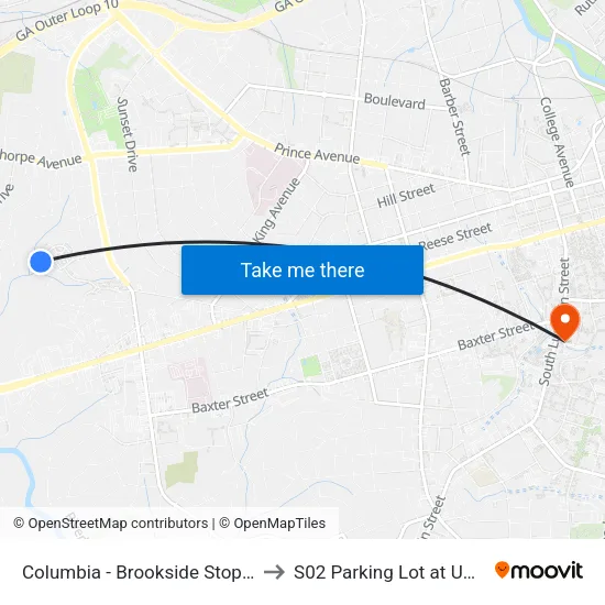 Columbia - Brookside Stop 4 to S02 Parking Lot at UGA map