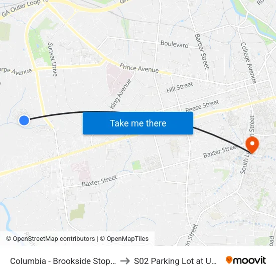 Columbia - Brookside Stop 1 to S02 Parking Lot at UGA map