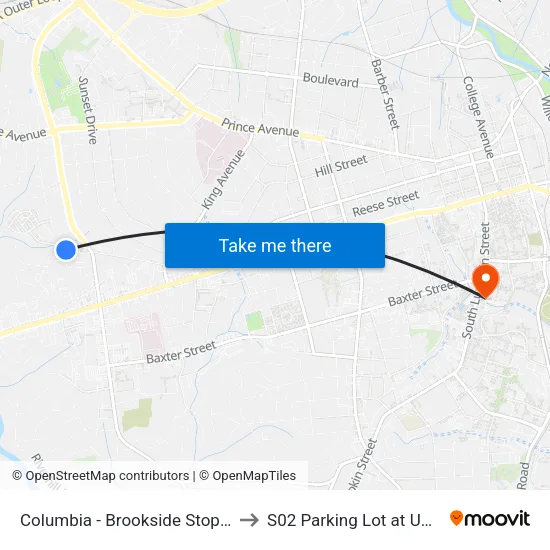 Columbia - Brookside Stop 5 to S02 Parking Lot at UGA map