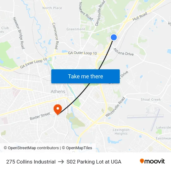 275 Collins Industrial to S02 Parking Lot at UGA map