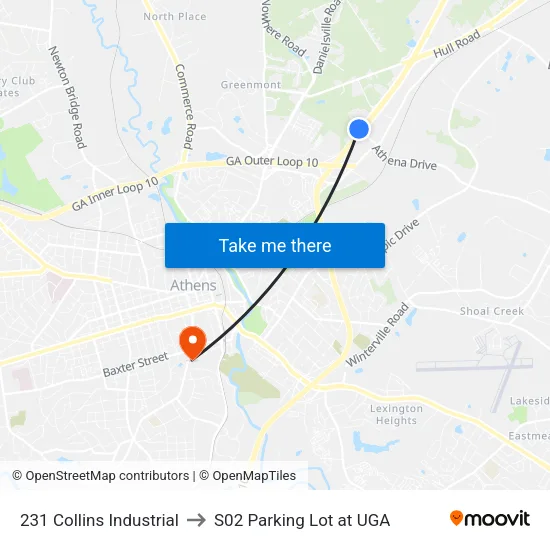 231 Collins Industrial to S02 Parking Lot at UGA map