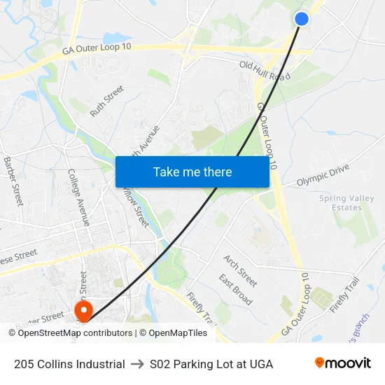 205 Collins Industrial to S02 Parking Lot at UGA map
