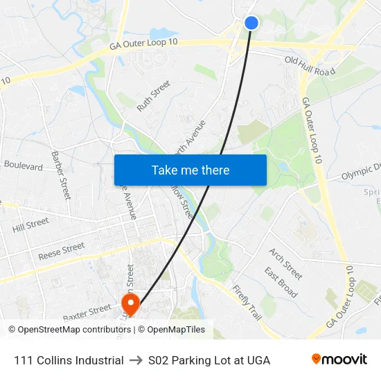 111 Collins Industrial to S02 Parking Lot at UGA map