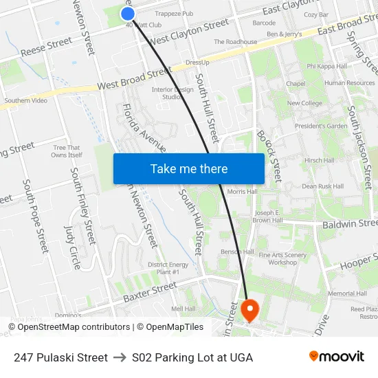 247 Pulaski Street to S02 Parking Lot at UGA map